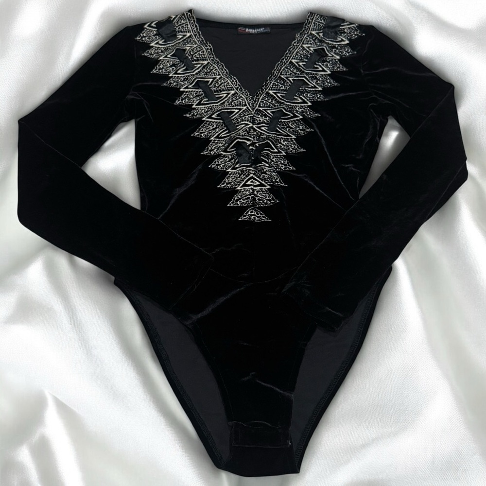 Vintage Amnesia Black Velour Embroidered Bodysuit Gothcore Dark Fairy Size XS